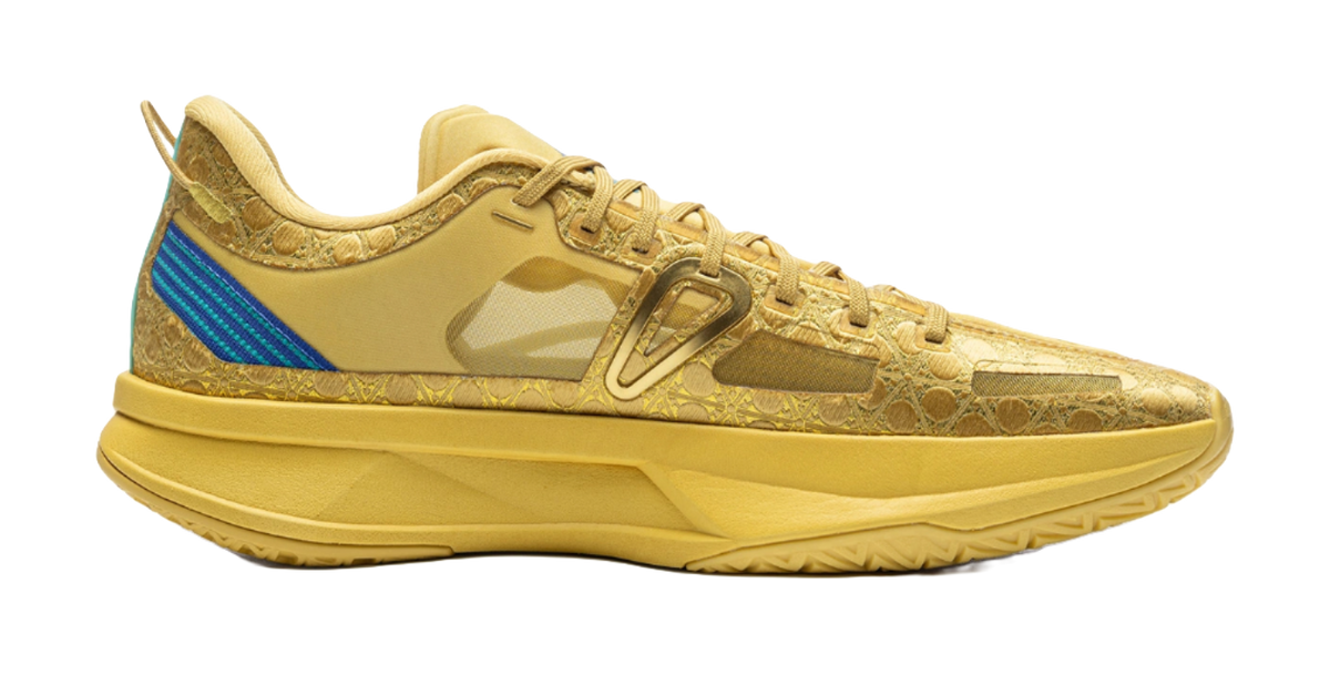 Men's low-top basketball shoes, bright gold upper with blue stripe and lace eyelets