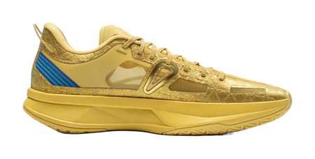 Men's low-top basketball shoes, bright gold upper with blue stripe and lace eyelets