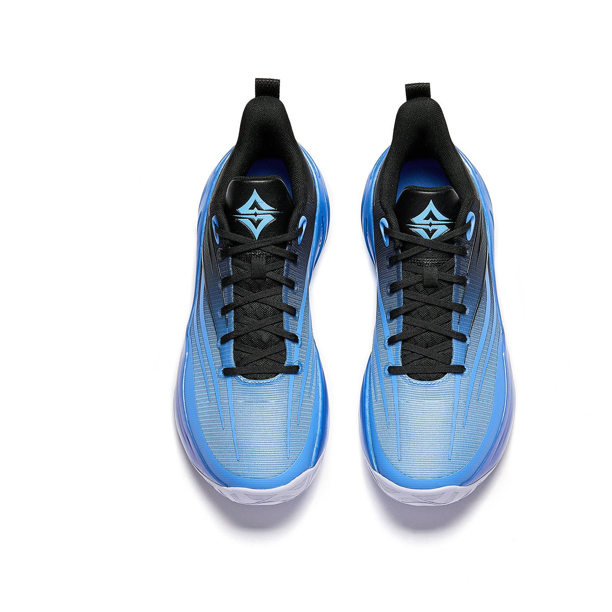 Light blue basketball shoes with black tongues, lace-up closure, and midfoot stripes
