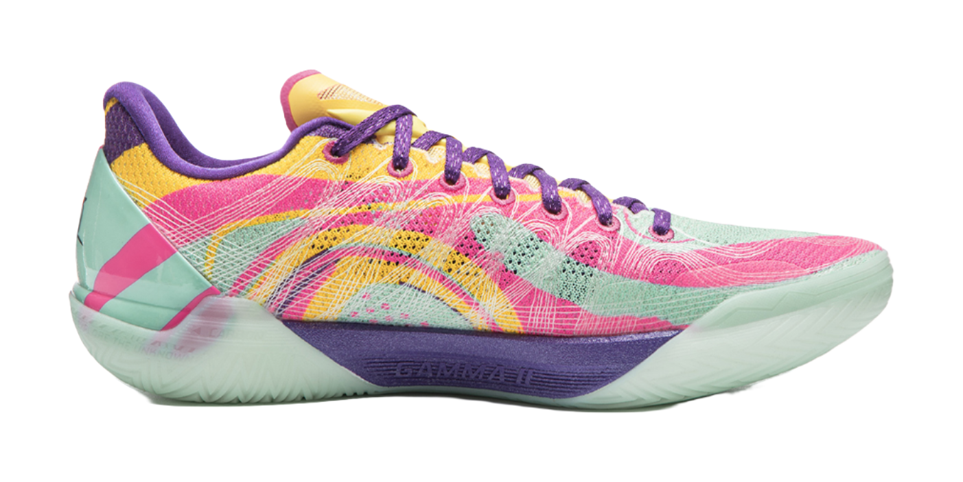 Side view basketball shoe with multicolor graphic upper, purple laces, mint midsole.