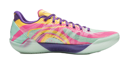 Side view basketball shoe with multicolor graphic upper, purple laces, mint midsole.