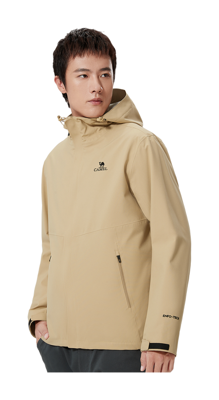 Beige hooded windbreaker jacket with front logo and side zipper detail