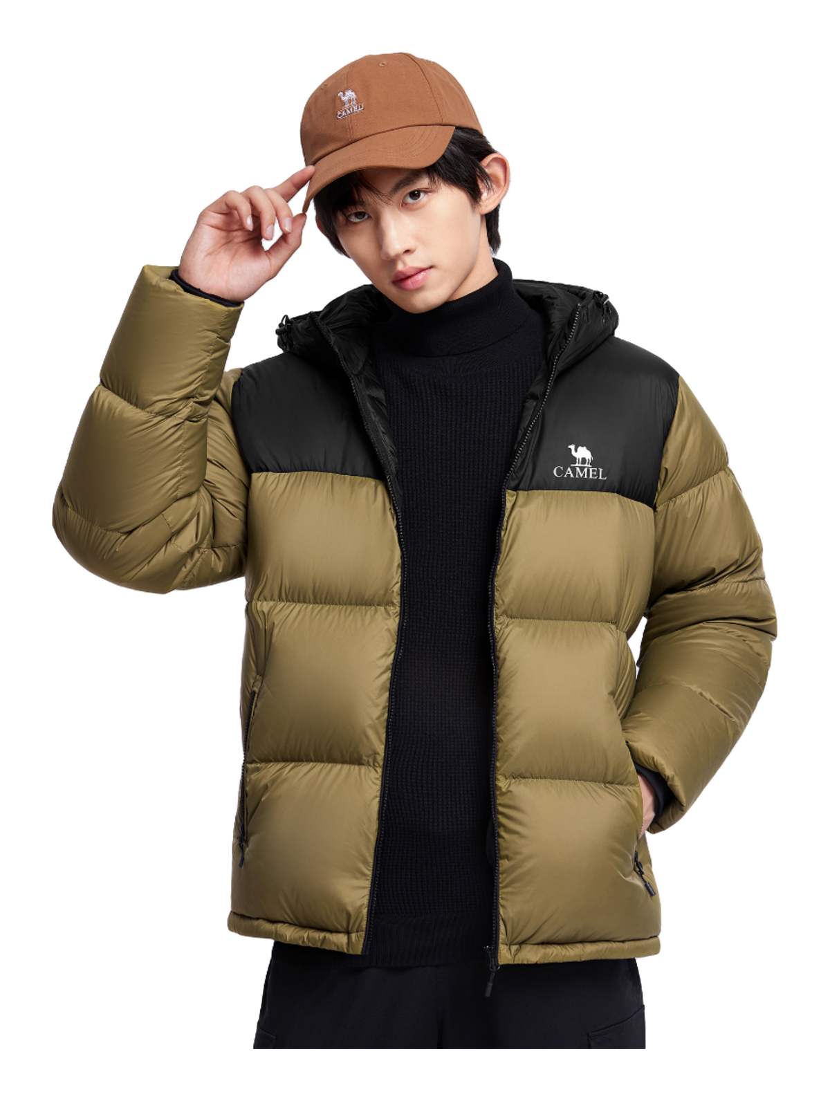 Two-tone down jacket in dark olive and black, full-zip with hood