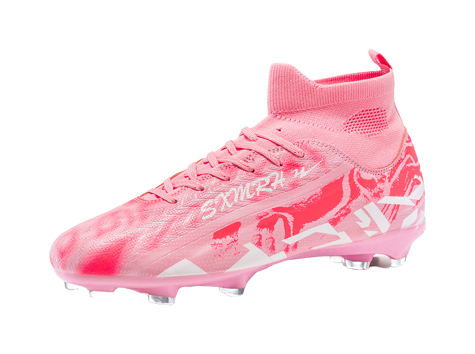 Pink soccer cleat side view with textured upper, lace-up, firm-ground studs