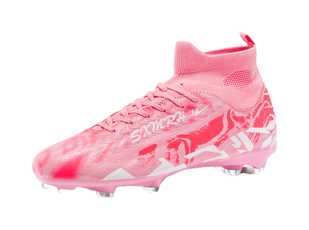 Pink soccer cleat side view with textured upper, lace-up, firm-ground studs