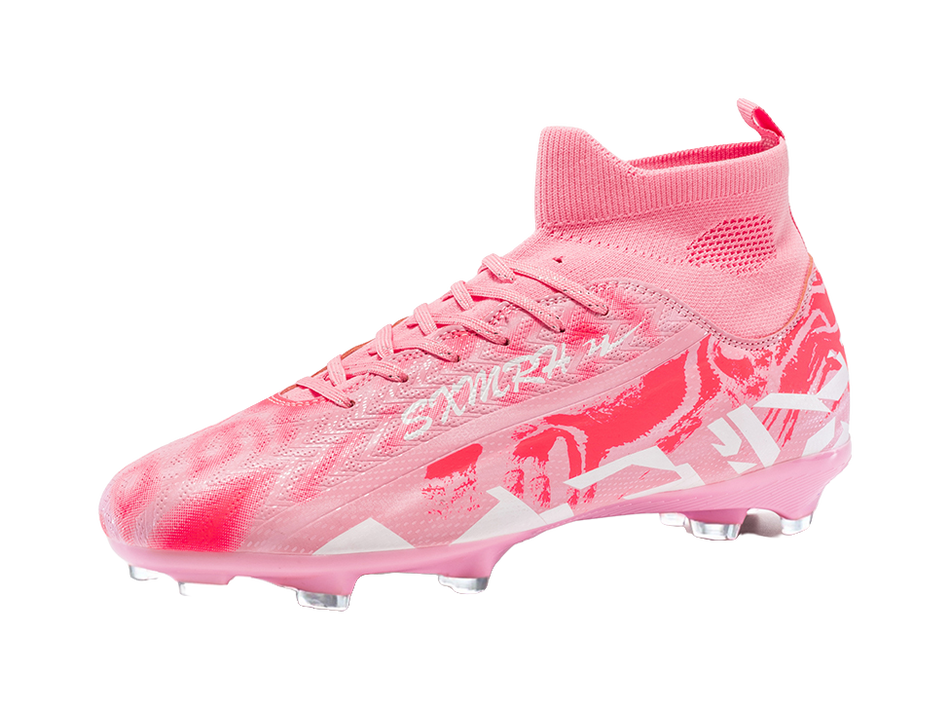 Pink soccer cleat side view with textured upper, lace-up, firm-ground studs