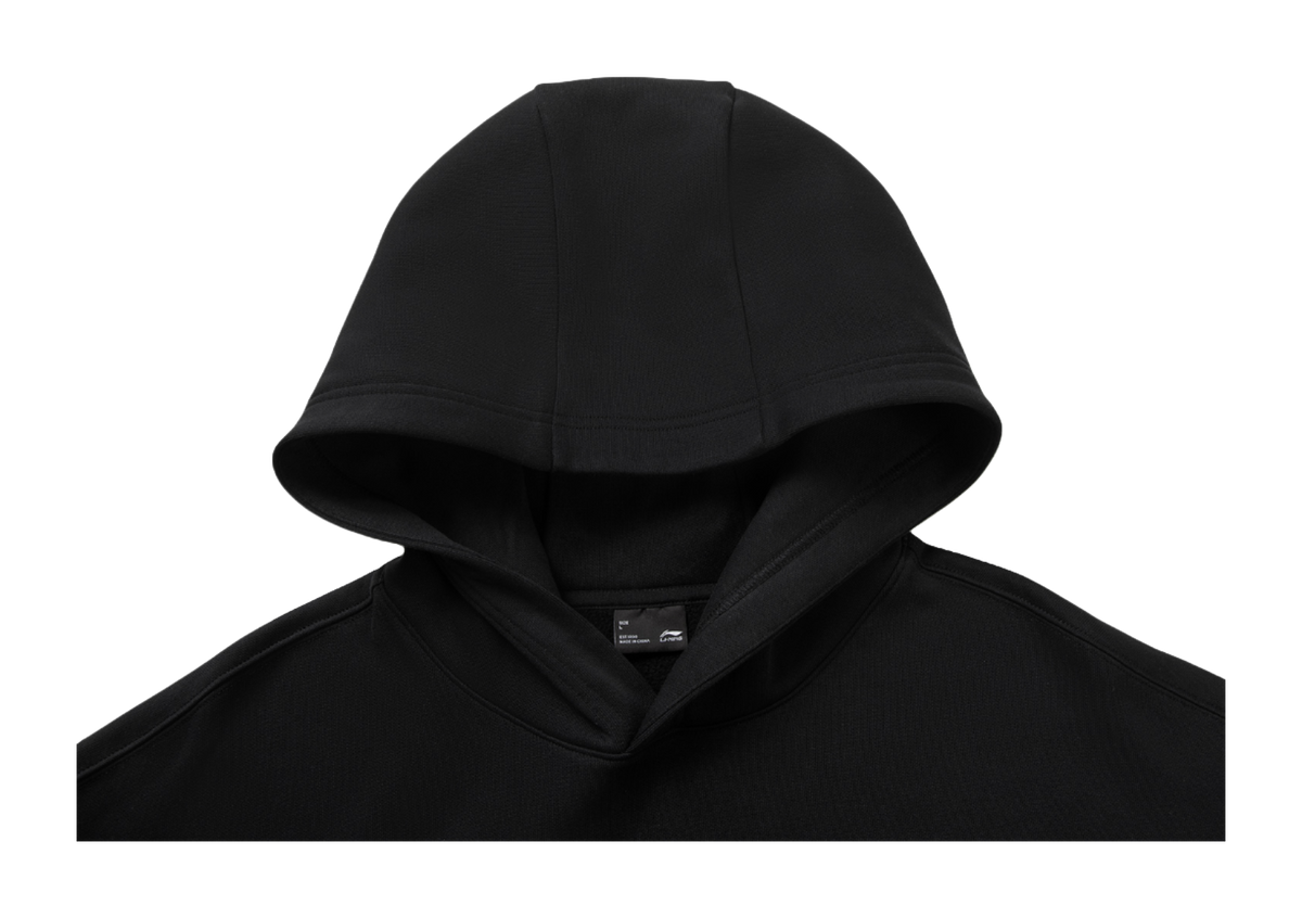 Black hoodie neckline with hood and inner collar label