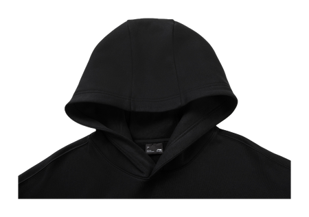 Black hoodie neckline with hood and inner collar label