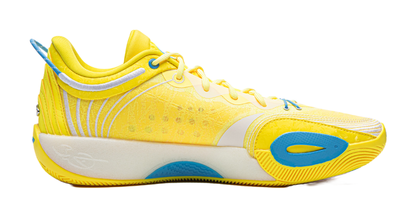 Li Ning low-top basketball shoe side profile in yellow and blue, lace-up.