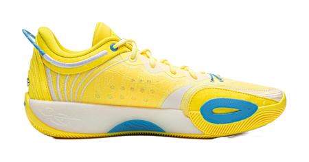 Li Ning low-top basketball shoe side profile in yellow and blue, lace-up.