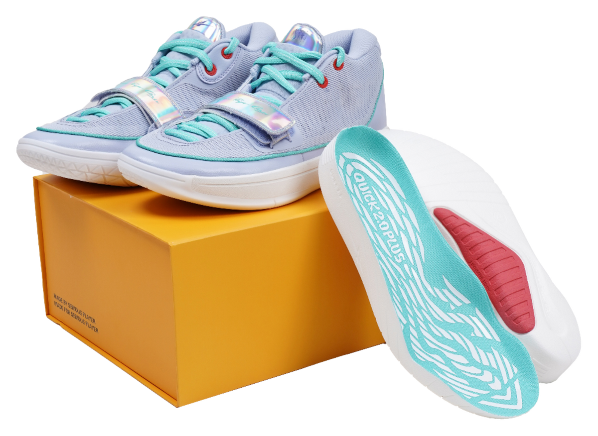 Light blue basketball shoes showing side profile with teal laces on white sole