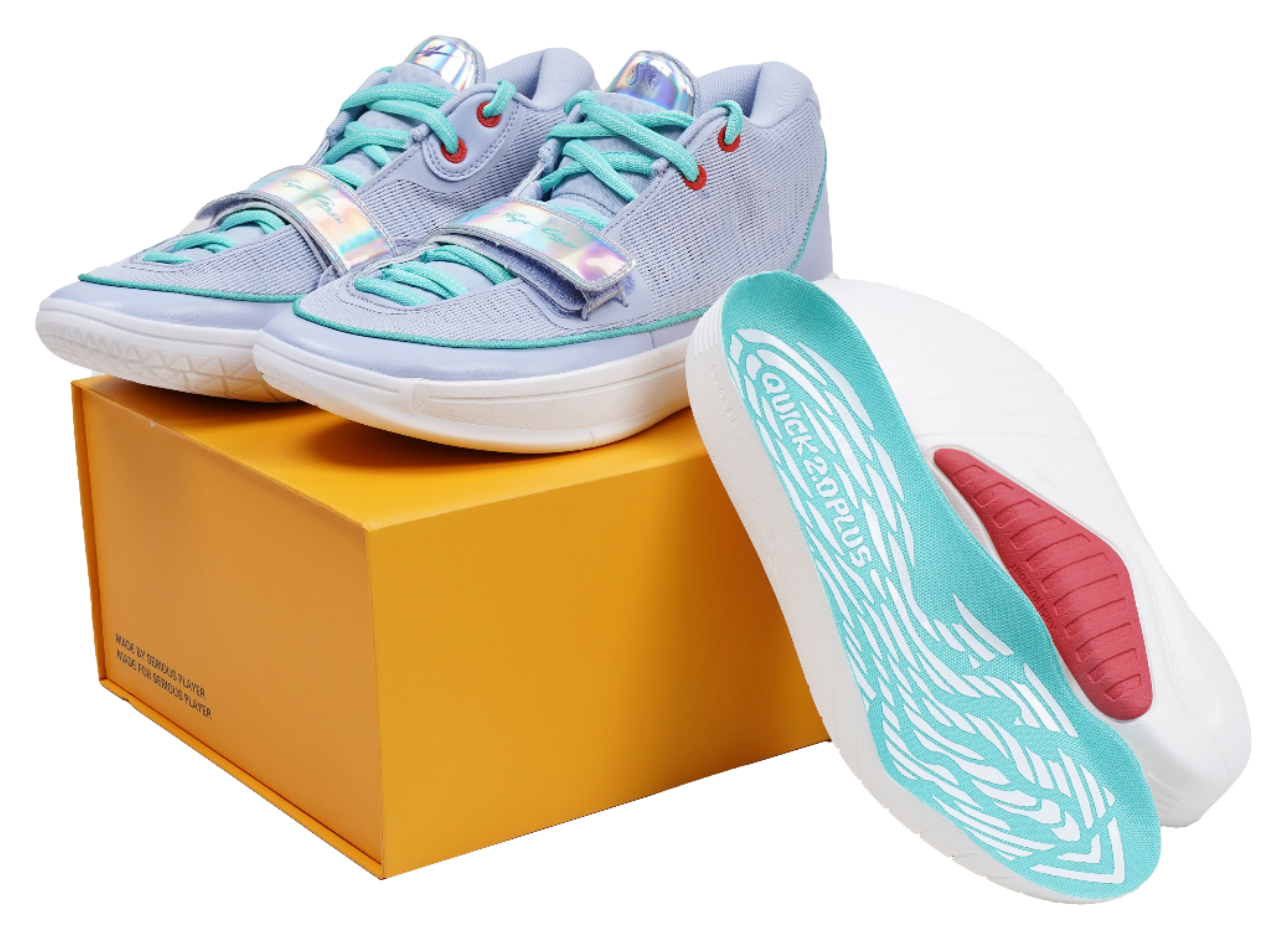 Light blue basketball shoes showing side profile with teal laces on white sole