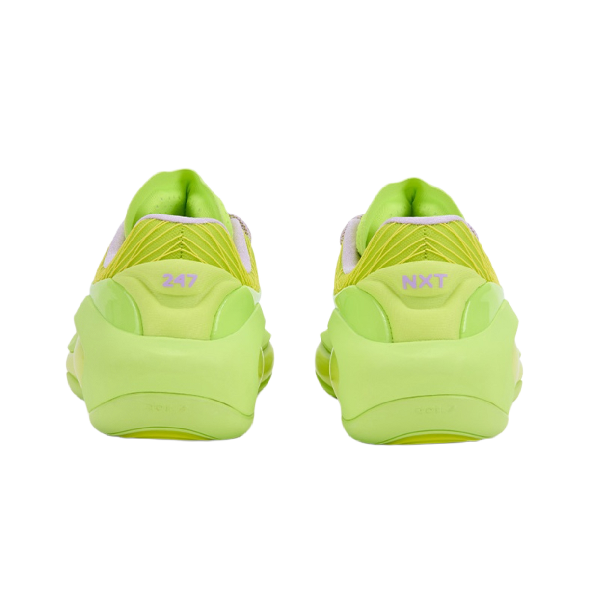 Neon green sneaker heel view with '247' and 'NXT' logos on back