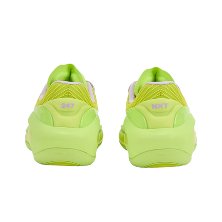 Neon green sneaker heel view with '247' and 'NXT' logos on back
