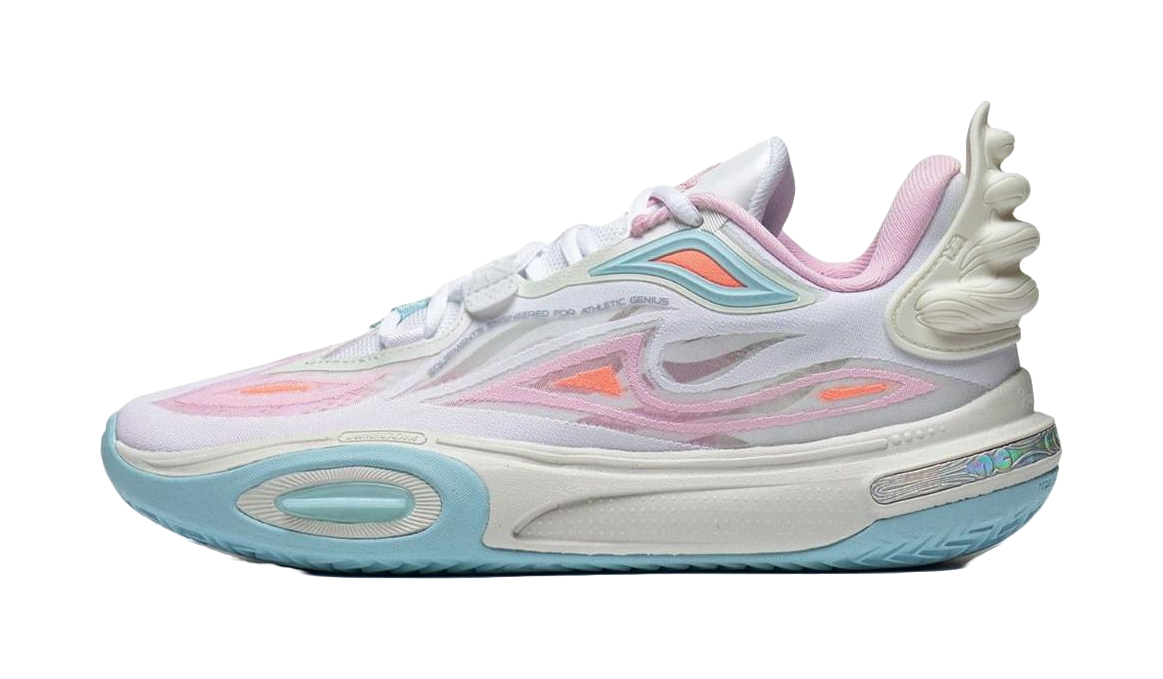 Kids low-top sneakers, white knit with pastel pink, teal and orange accents, lace-up