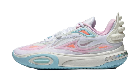 Kids low-top sneakers, white knit with pastel pink, teal and orange accents, lace-up