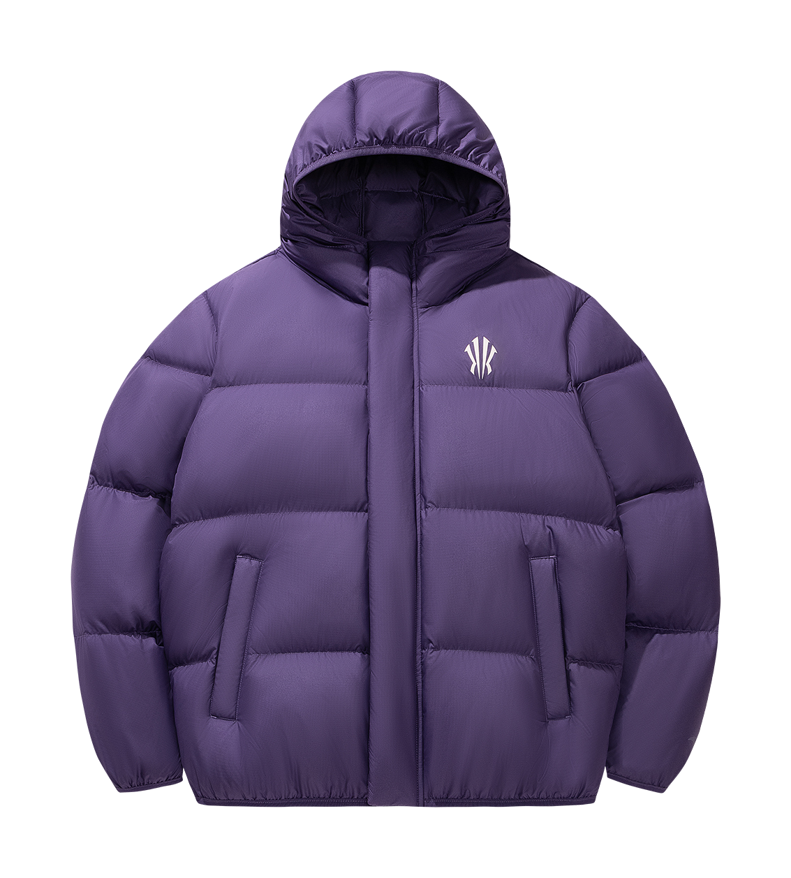 Kids purple hooded puffer jacket, full front zipper with logo on chest