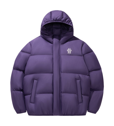 Kids purple hooded puffer jacket, full front zipper with logo on chest