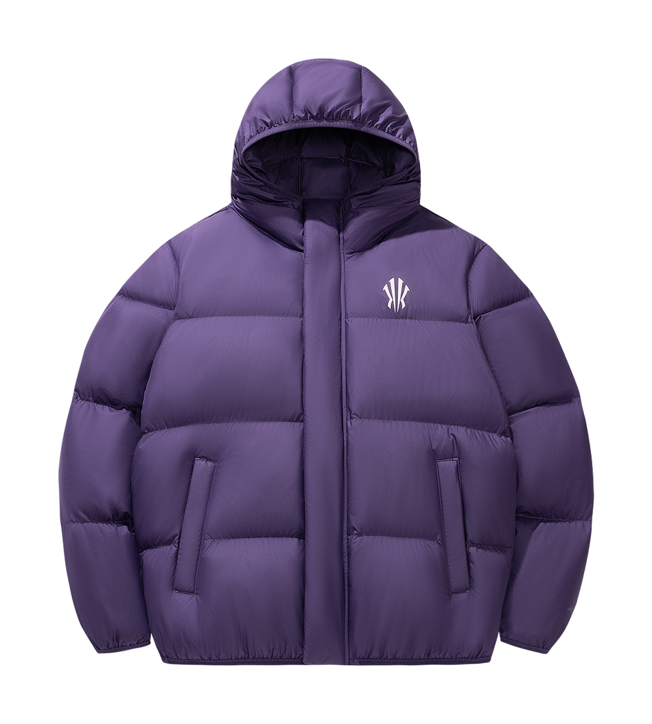 Kids purple hooded puffer jacket, full front zipper with logo on chest