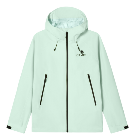Mint green unisex windbreaker jacket with hood, full zip, and side zip pockets