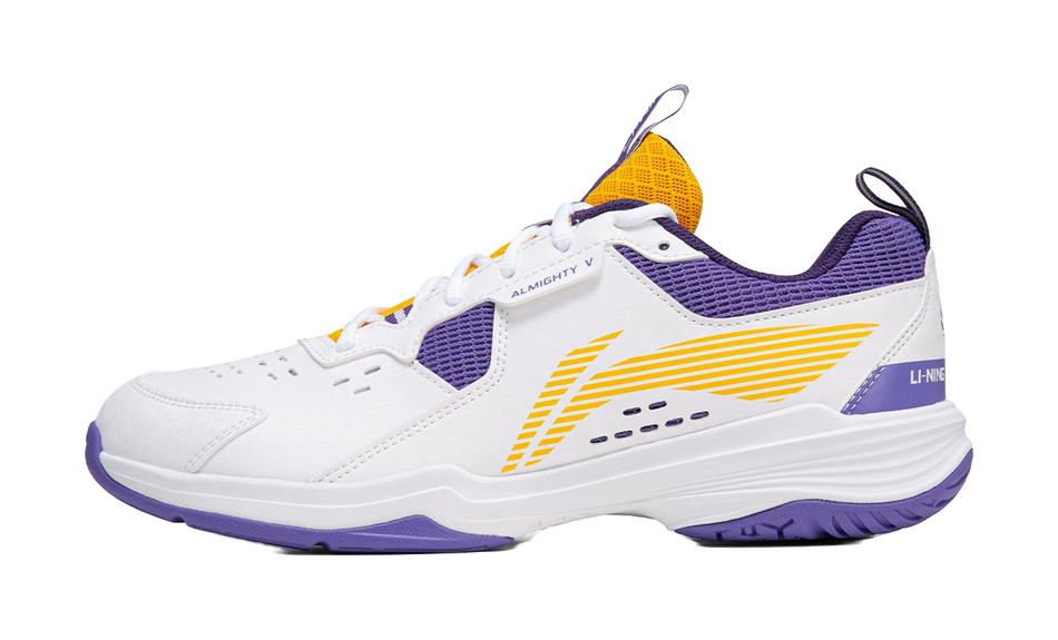 Unisex badminton shoe side profile: white leather-look with purple panels and yellow lines