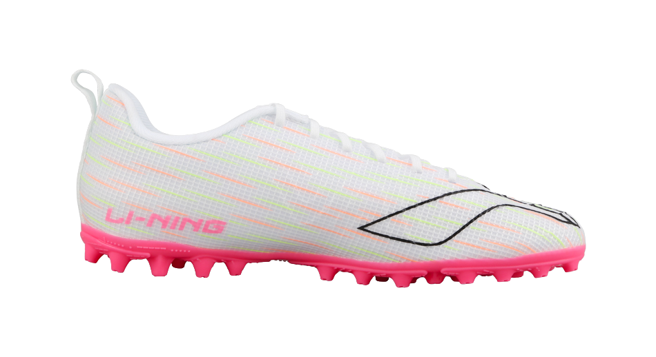 Youth multi-ground soccer shoe side profile, white laces, pink studded outsole