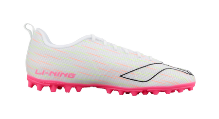 Youth multi-ground soccer shoe side profile, white laces, pink studded outsole