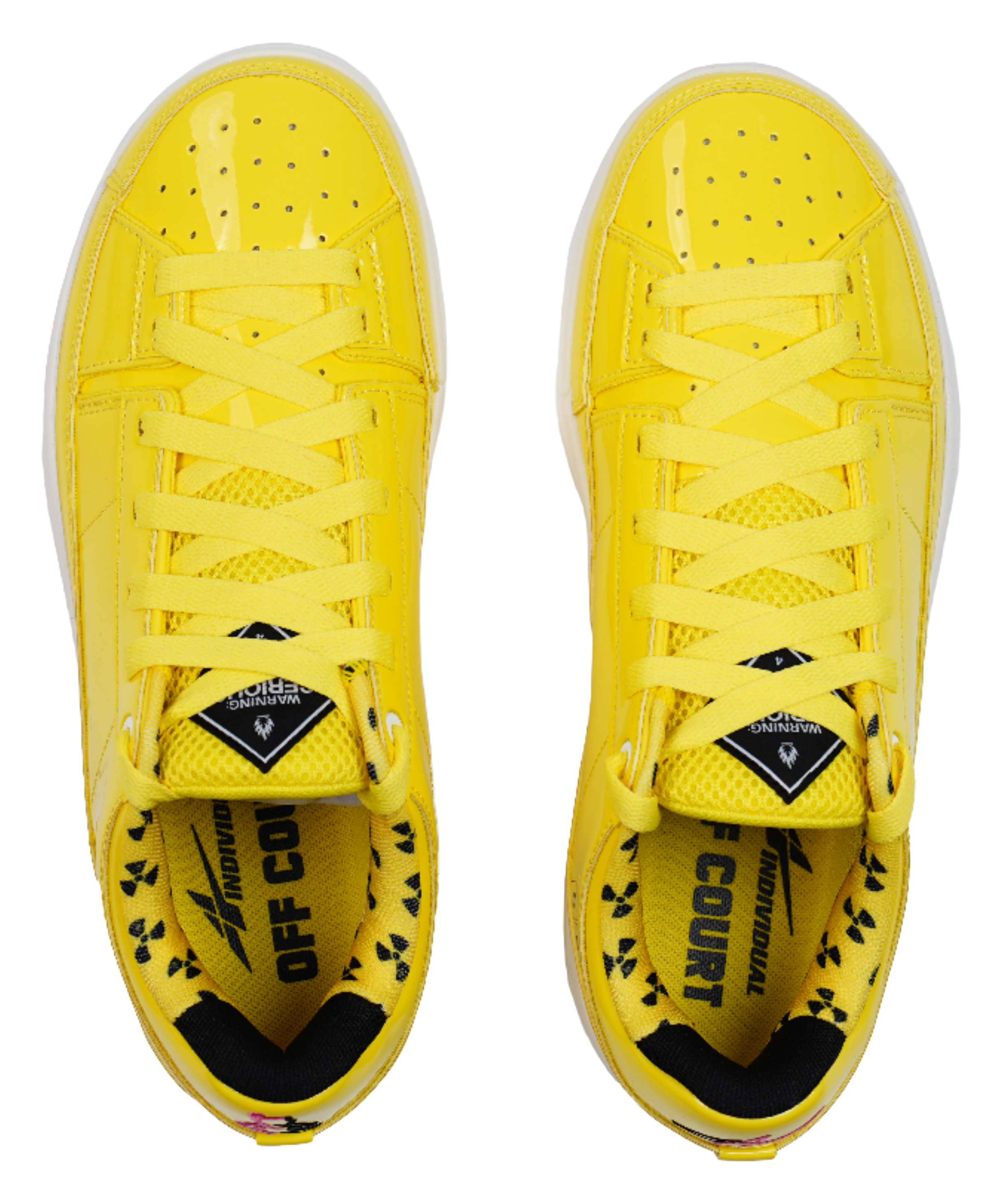 Yellow lace-up basketball shoes showing perforated toe and crosshatch laces