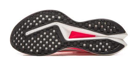 Running shoe outsole view with dark textured traction pattern and red midsole side accent