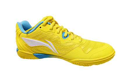 Yellow table tennis shoe with blue trim, white side logo, and lace-up upper