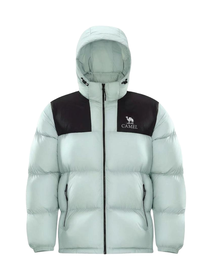 Unisex hooded puffer down jacket in pale green with dark brown chest panel and front zipper