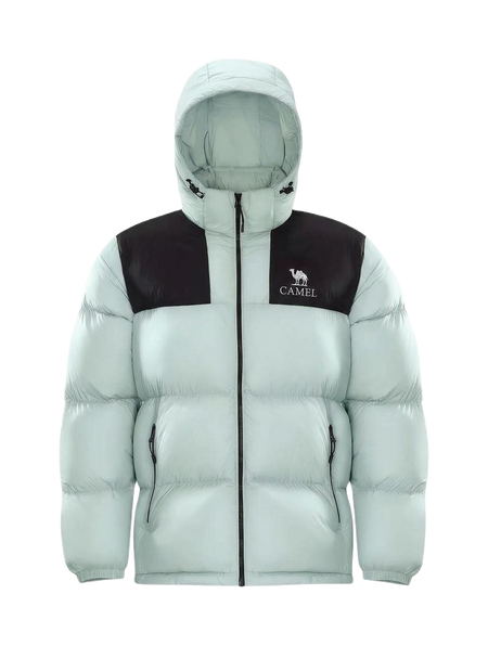 Unisex hooded puffer down jacket in pale green with dark brown chest panel and front zipper