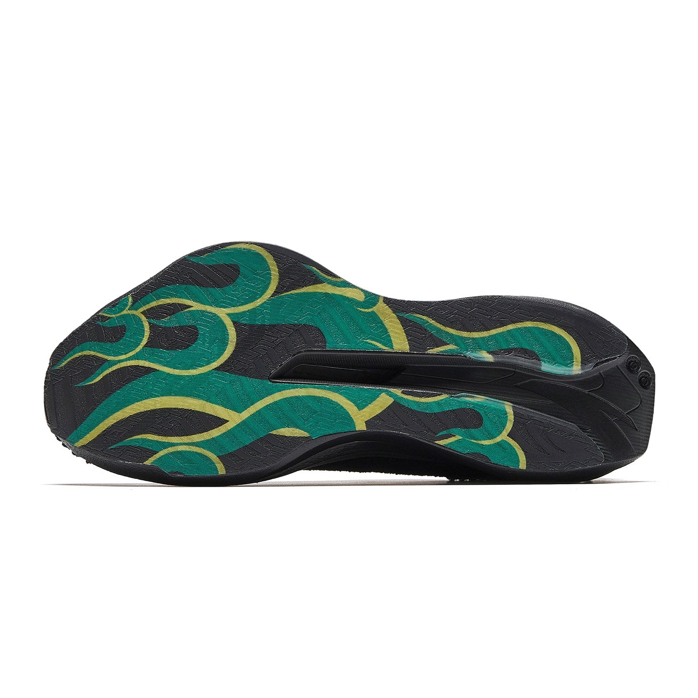 Black shoe outsole with green flame-style tread pattern.
