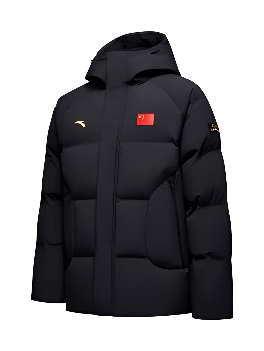 Men's black hooded down jacket, zip-front with red chest patch