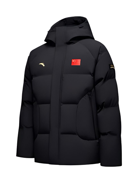 Men's black hooded down jacket, zip-front with red chest patch