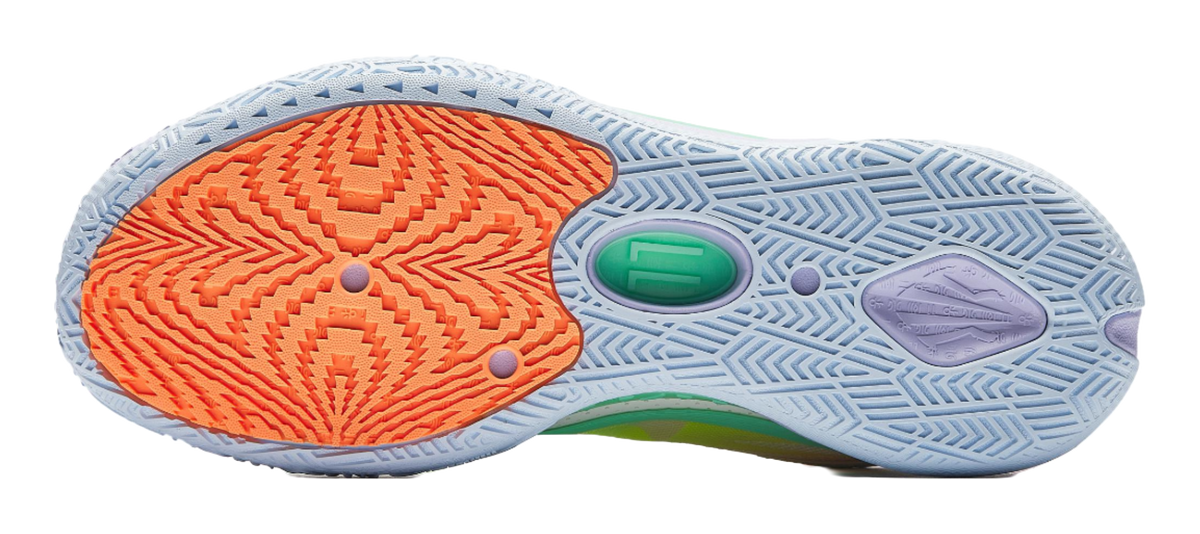 Basketball shoe outsole, light blue with orange tread and patterned grooves, green insert