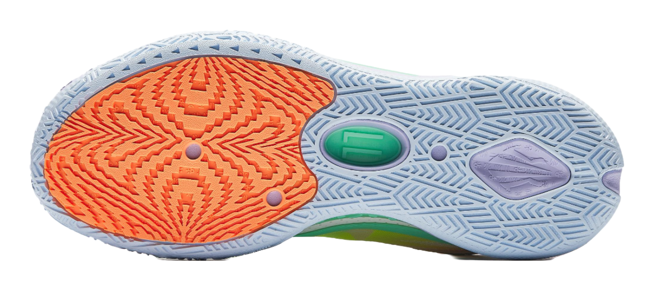 Basketball shoe outsole, light blue with orange tread and patterned grooves, green insert