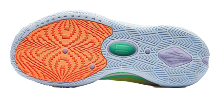 Basketball shoe outsole, light blue with orange tread and patterned grooves, green insert