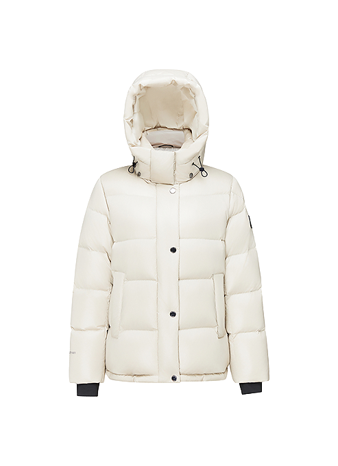 Cream hooded puffer winter down jacket with button-front and quilted baffles