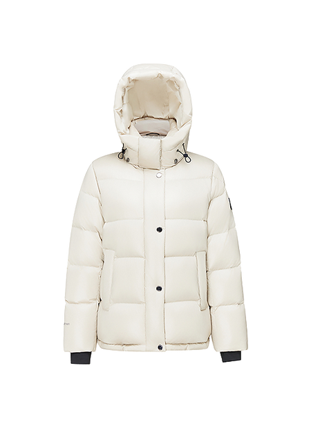 Cream hooded puffer winter down jacket with button-front and quilted baffles