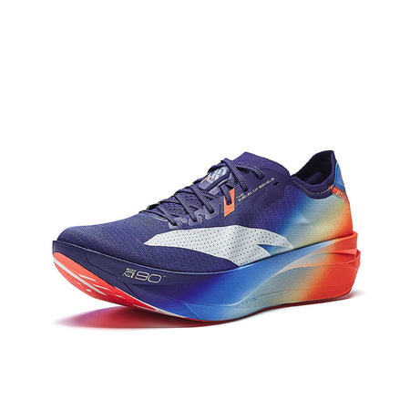 Marathon racing shoe, navy upper with orange accents, white mid panel, blue-orange sole, lace-up.