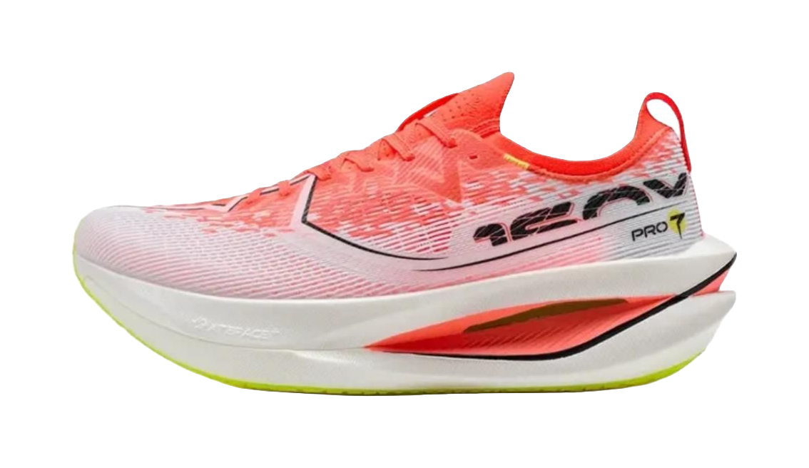 Marathon racing shoes, pink-orange knit upper with black logo, white midsole, red panel