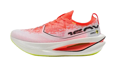 Marathon racing shoes, pink-orange knit upper with black logo, white midsole, red panel