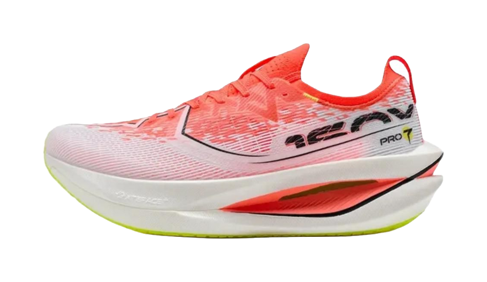 Marathon racing shoes, pink-orange knit upper with black logo, white midsole, red panel