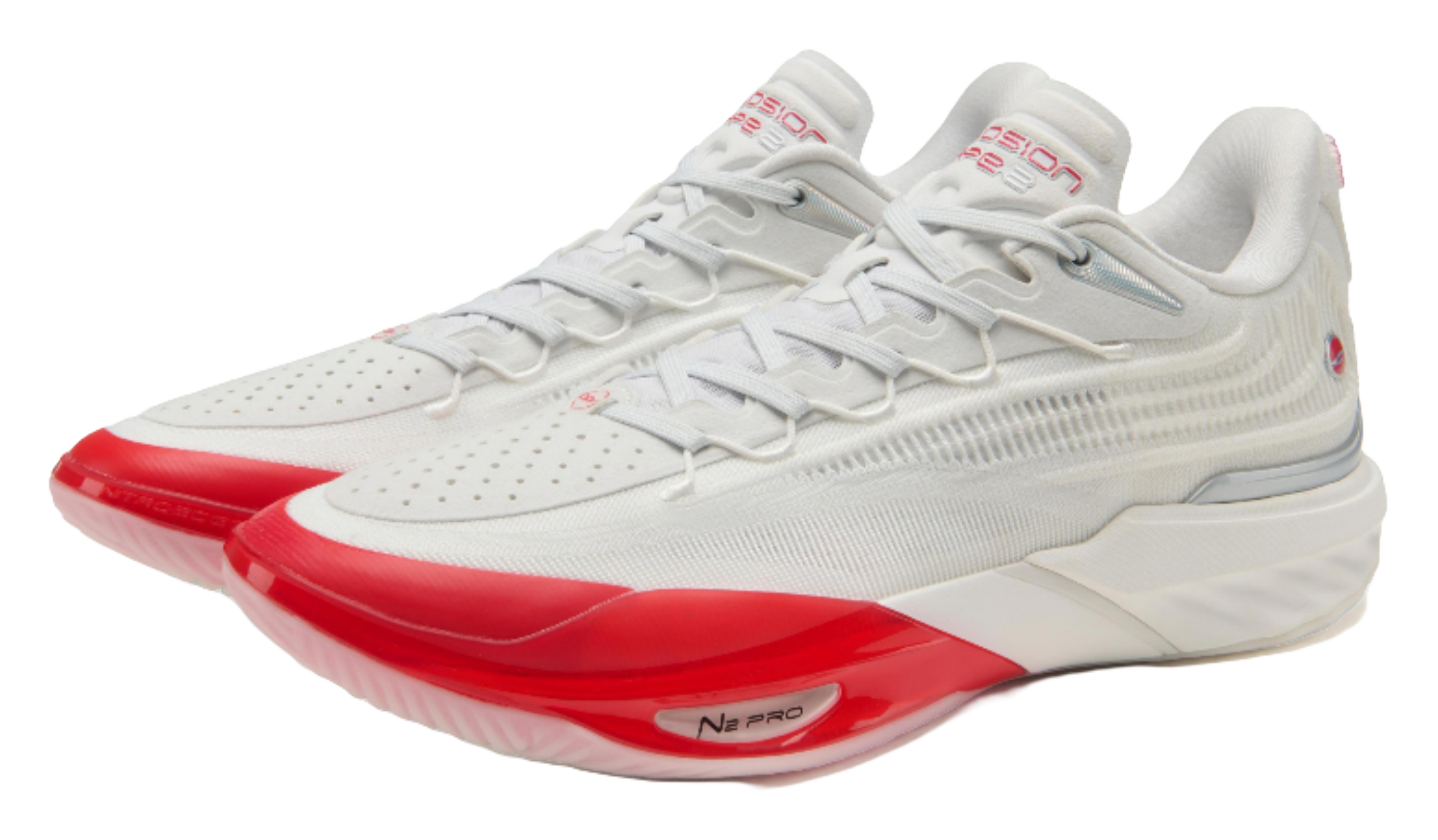 Unisex basketball shoe, white knit with red accent sole and lace-up front