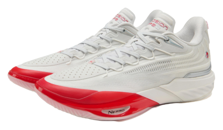 Unisex basketball shoe, white knit with red accent sole and lace-up front
