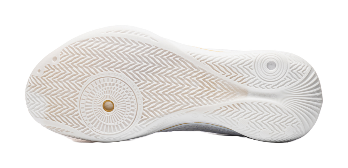 Low basketball shoe outsole, white textured pattern with circular traction details
