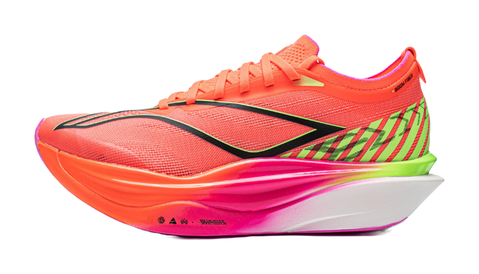 Fluorescent orange-red unisex carbon plate running shoe, orange laces, green-striped side