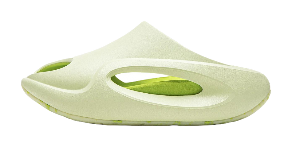 Unisex slide slippers side view, light green wide band with lime oval cutout