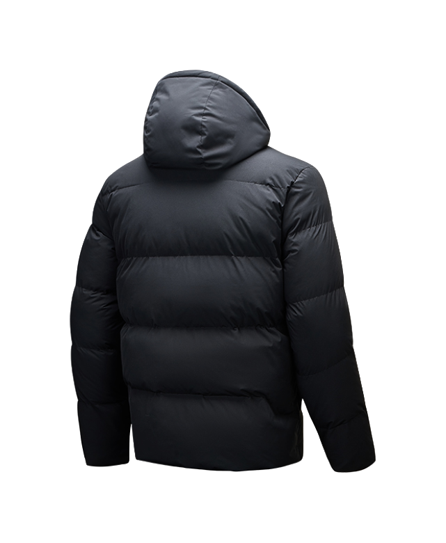 Men's black hooded puffer down jacket, back view with baffle stitching